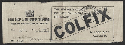 India 1934 telegraph receipt with COLFIX BITUMEN advertisement