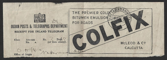 India 1934 telegraph receipt with COLFIX BITUMEN advertisement