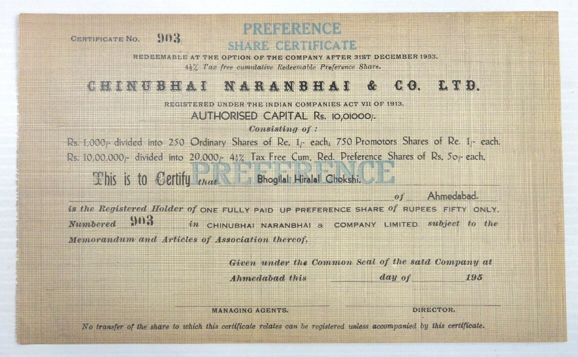 India Chinubhai Naranbhai preference share certificate UNUSED