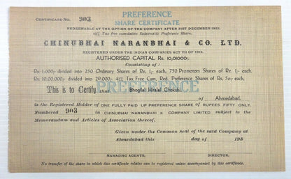 India Chinubhai Naranbhai preference share certificate UNUSED
