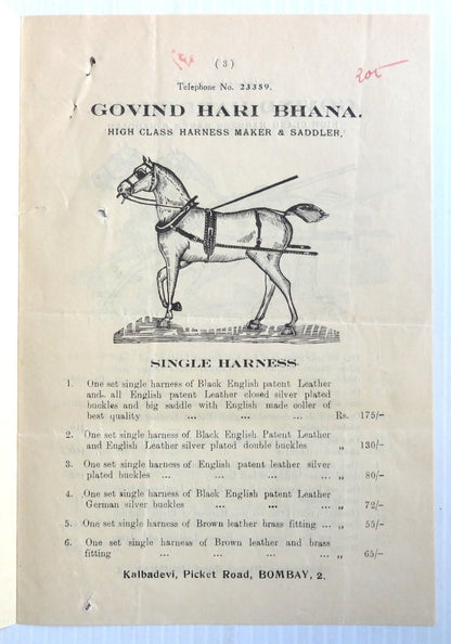 India 1930s advertiement brochure HORSE HARNESS SADDLES MOTOR PARTS