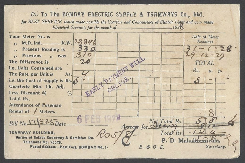 AOPIMT India Bombay 1928 bicolour meter postcard BES&T Co.