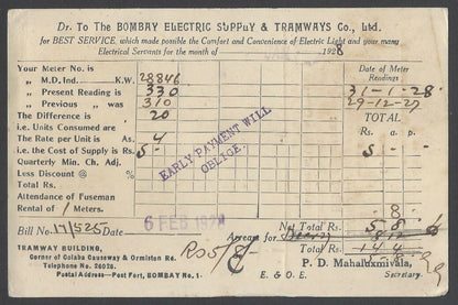 AOPIMT India Bombay 1928 bicolour meter postcard BES&T Co.
