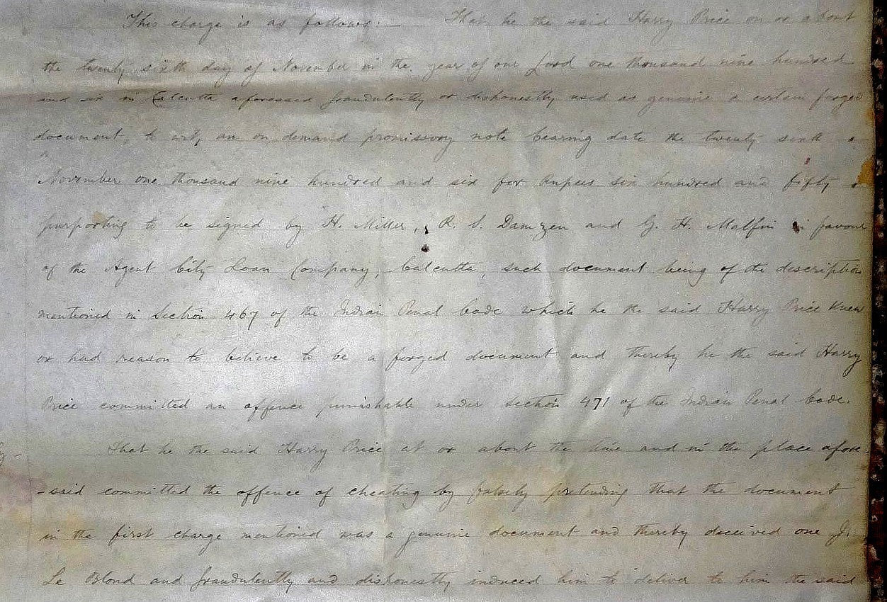 India 1906 parchment animal skin Court doc Charge of forging a promisory note Ӝ