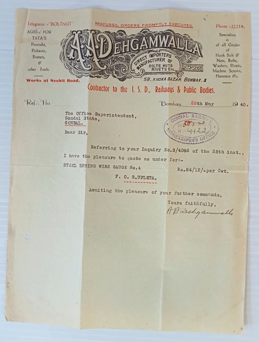 AOP Bolts, Nuts & Rivets Dealers Bombay 1940 illustrated letterhead India