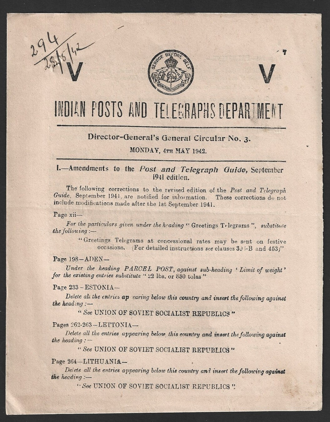 India POSTAL CIRCULAR #3 4 May 1942 Amendments to Post & Telegraph Guide 1941