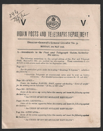 India POSTAL CIRCULAR #3 4 May 1942 Amendments to Post & Telegraph Guide 1941