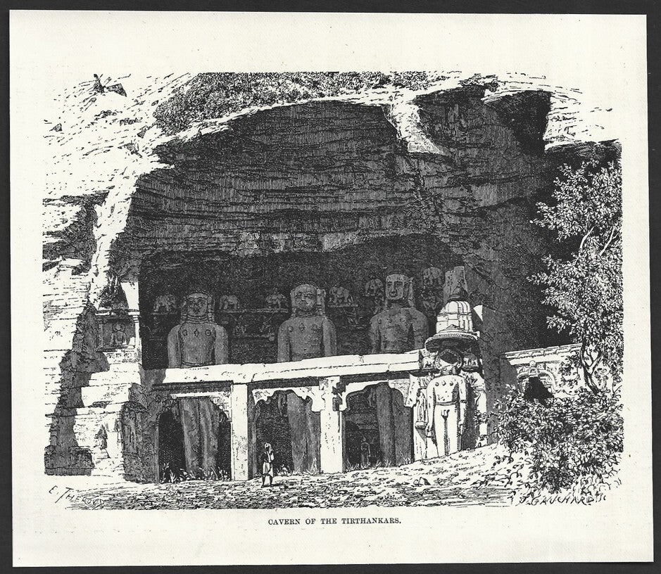India CAVERN OF THE TIRTHANKARS engraved print ex libris Rousslet 1876 7"x6"