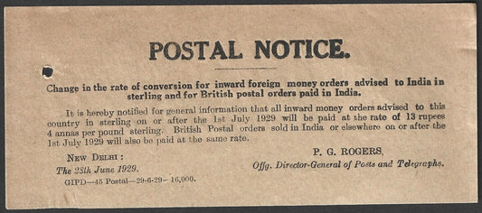 India 1929 POSTAL NOTICE Inward Money Orders & Postal Orders paid in India