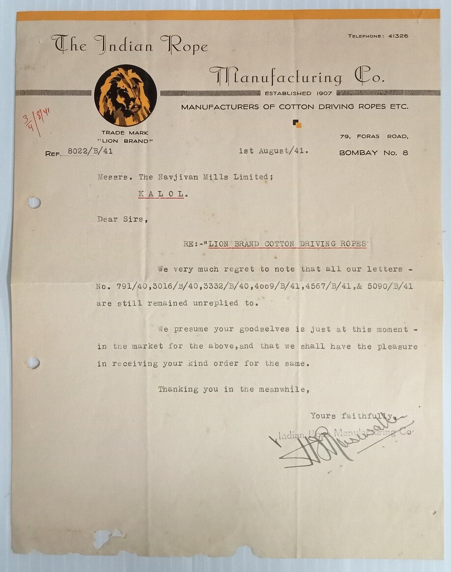 AOP The Indian Rope Manufacturing Bombay 1941 illustrated letterhead 