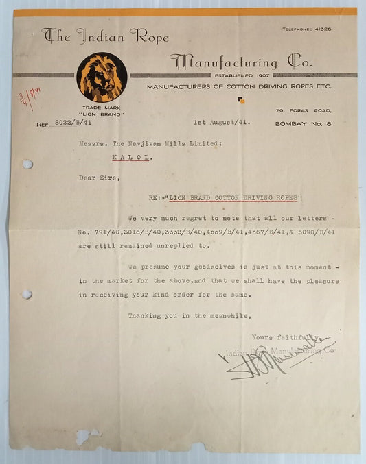 AOP The Indian Rope Manufacturing Bombay 1941 illustrated letterhead 