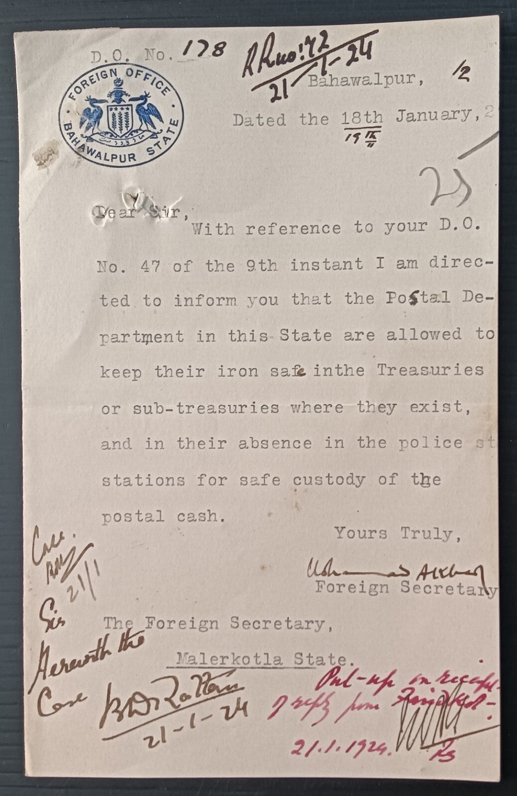 India FOREIGN OFFICE * BAHAWALPUR STATE signed crested letter used 1924