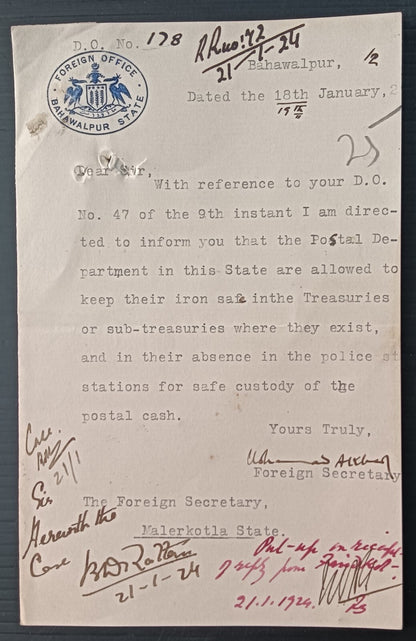 India FOREIGN OFFICE * BAHAWALPUR STATE signed crested letter used 1924
