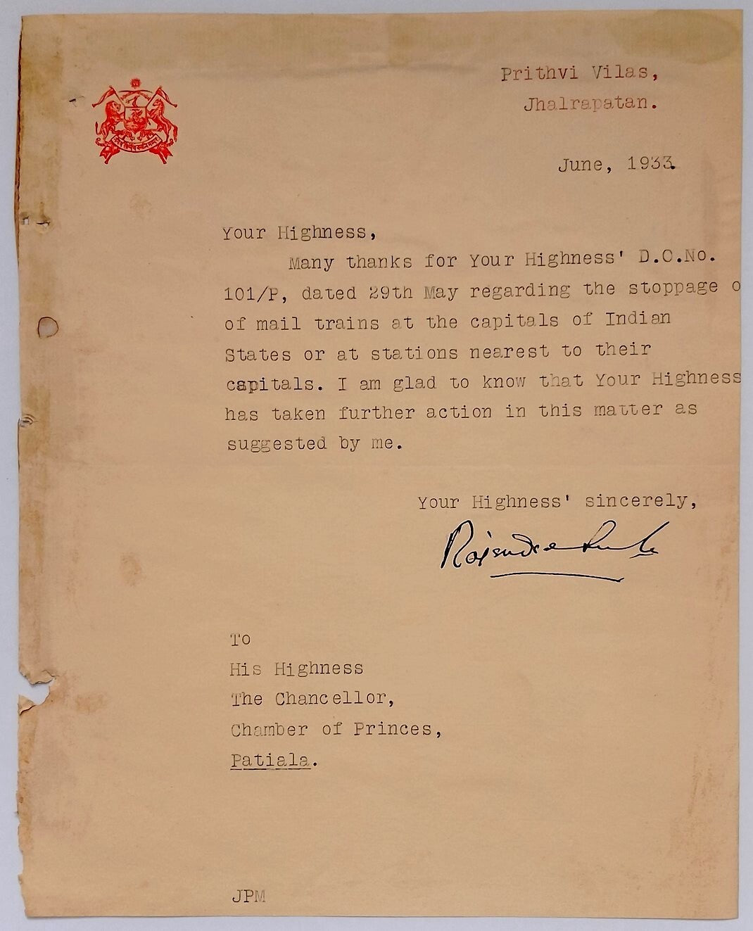 (AOP) India 1933 crested letter signed MAHARAJA of JHALAWAR Rajendra Singh