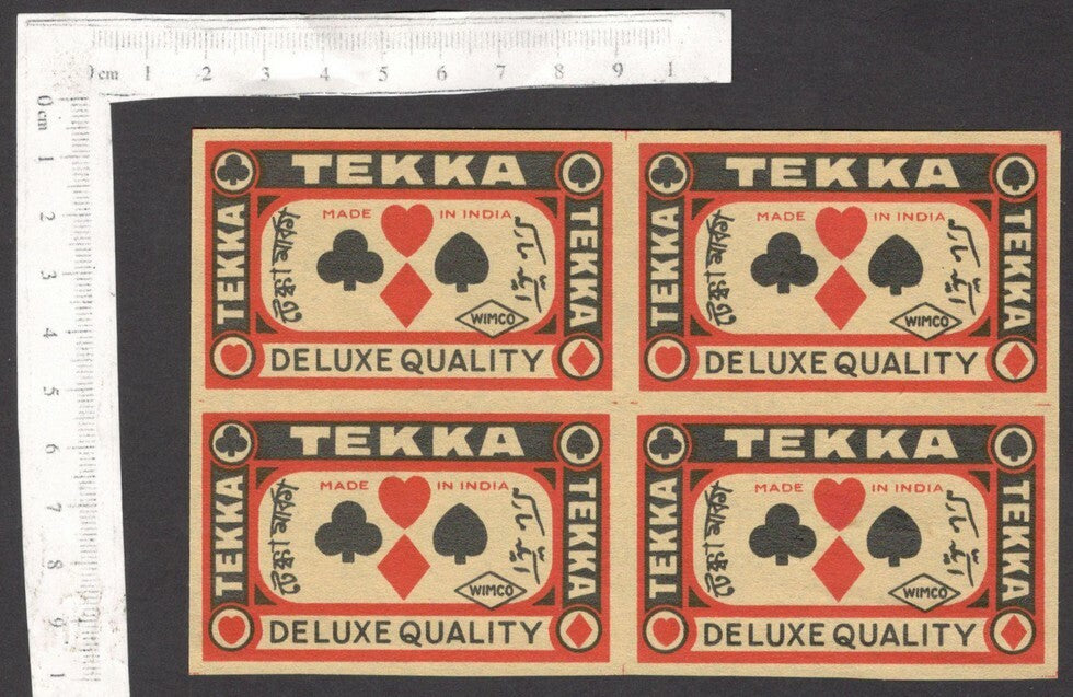 India 1930s-40s matchbox label TEKKA Playing Cards uncut block of 4 labels