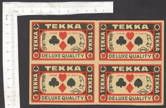 India 1930s-40s matchbox label TEKKA Playing Cards uncut block of 4 labels