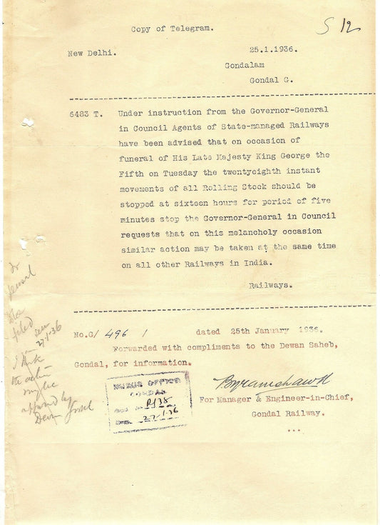 India 1936 KGV Mourning Orders for Gondal State ALL TRAINS TO STOP FOR 5 MINUTES