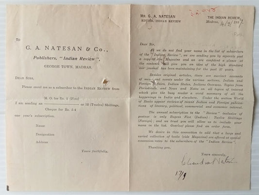 AOP India 1937 letter signed G Natesan, editor of Indian Review 