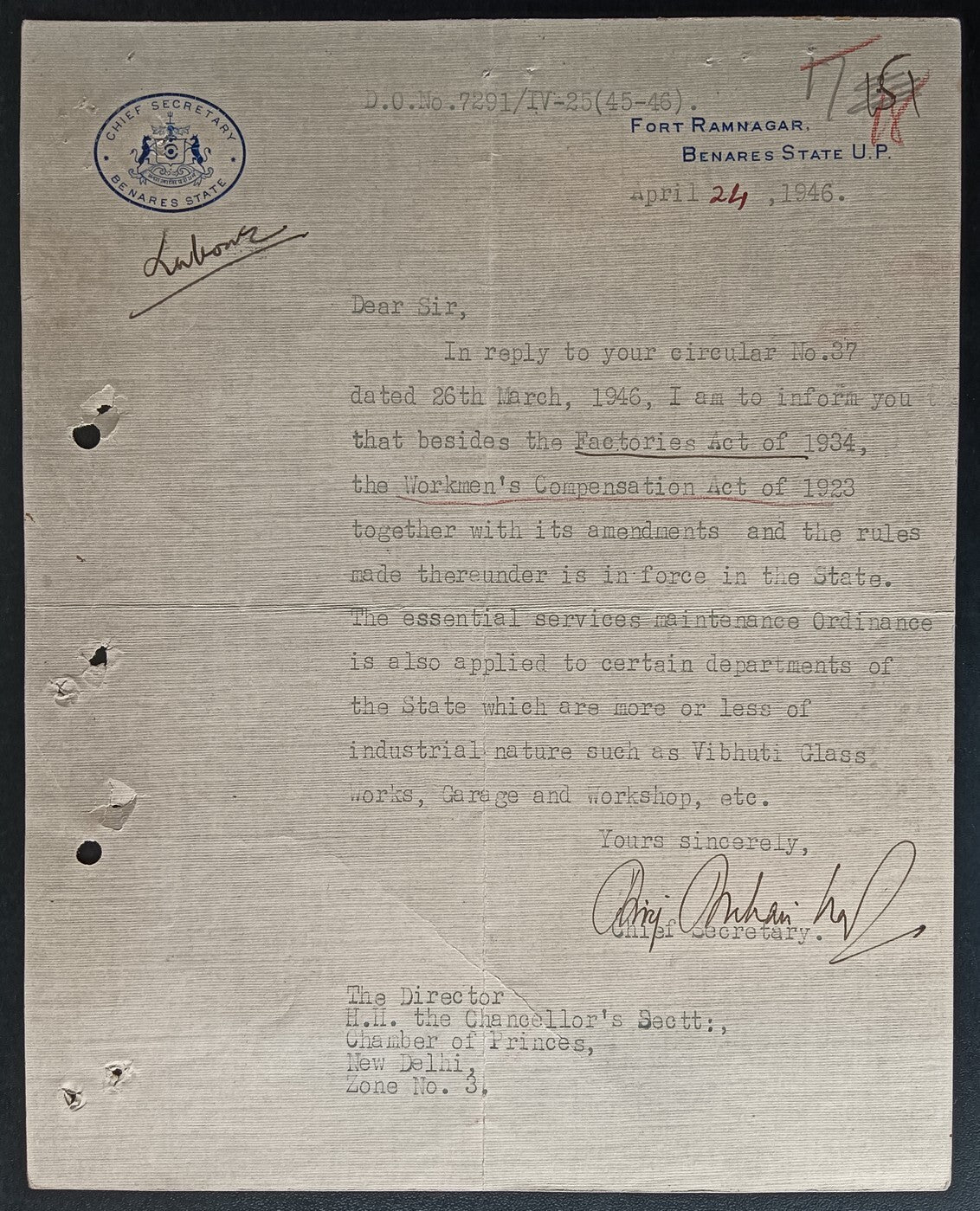India crested letter CHIEF SECRETARY / BENARES STATE