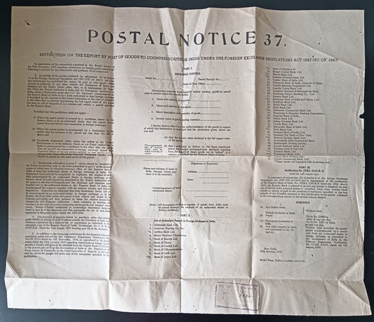 India POSTAL NOTICE 37 14 Aug 1947 Restriction on Export by post under the FERA