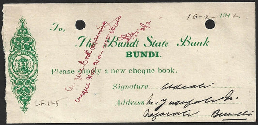 (AOP) India CHECK : THE BUNDI STATE BANK, Bundi 1942