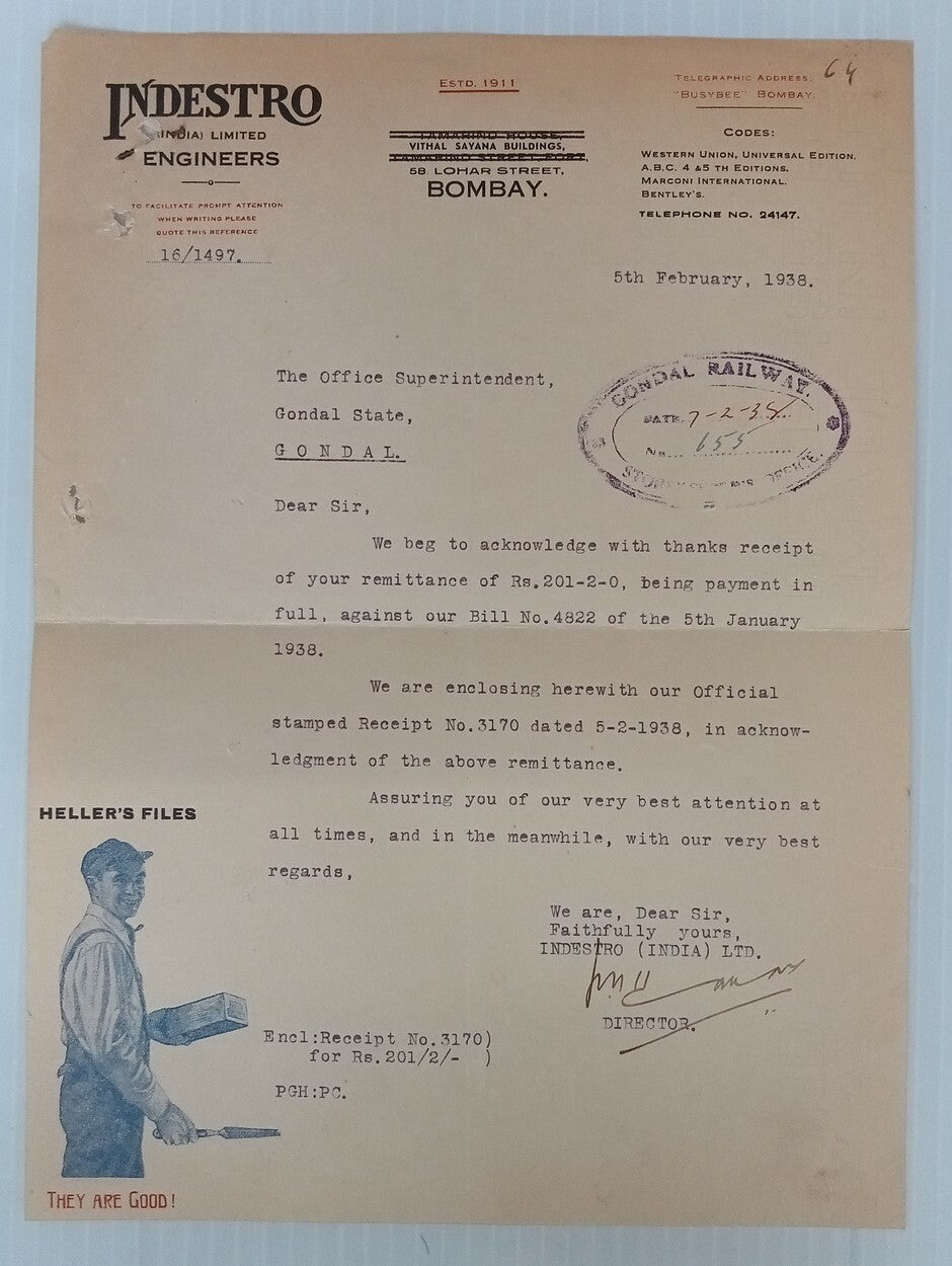 AOP Indestro India Heller's Files Bombay 1938 illustrated letterhead 