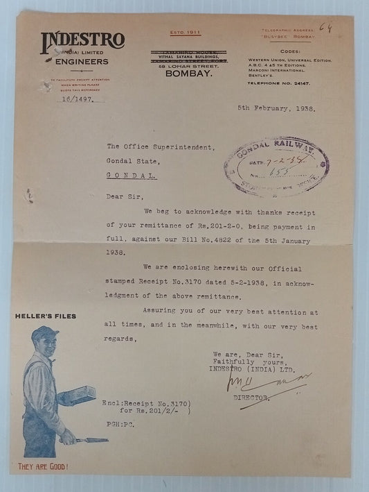 AOP Indestro India Heller's Files Bombay 1938 illustrated letterhead 
