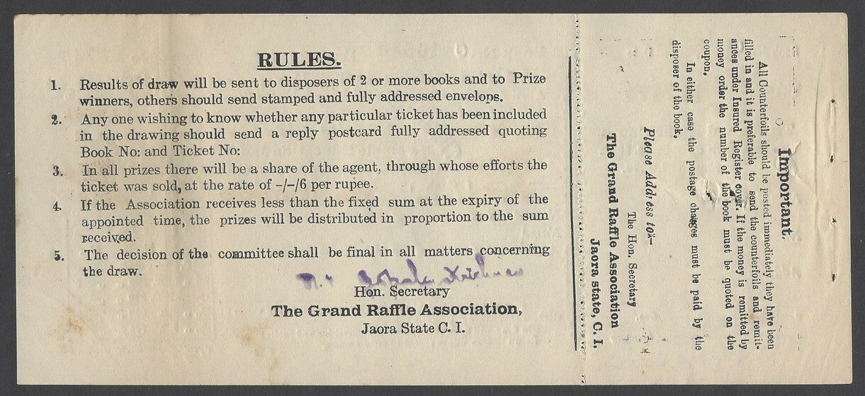 India Jaora State 1926 The Grand Raffle 1R lottery coupon