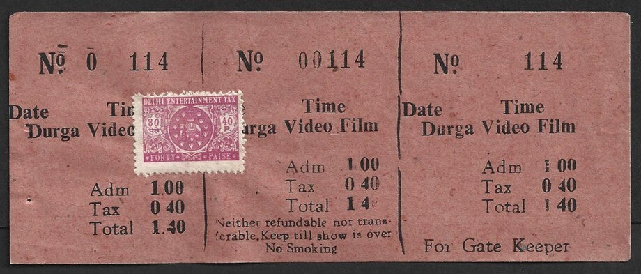 AOP India DELHI Entertainment Tax 40p on Video Film ticket