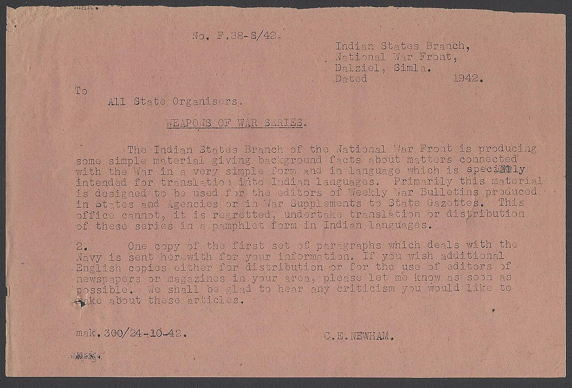 India 1943 WW2 National War Front Propaganda Leaflet Weapons of War Series