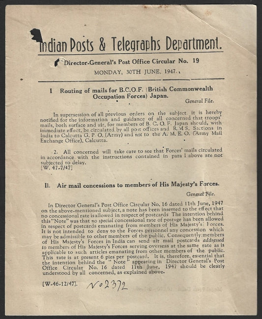 India POSTAL CIRCULAR 1947 Mails for BCOF British Comm Occupation Forces, Japan