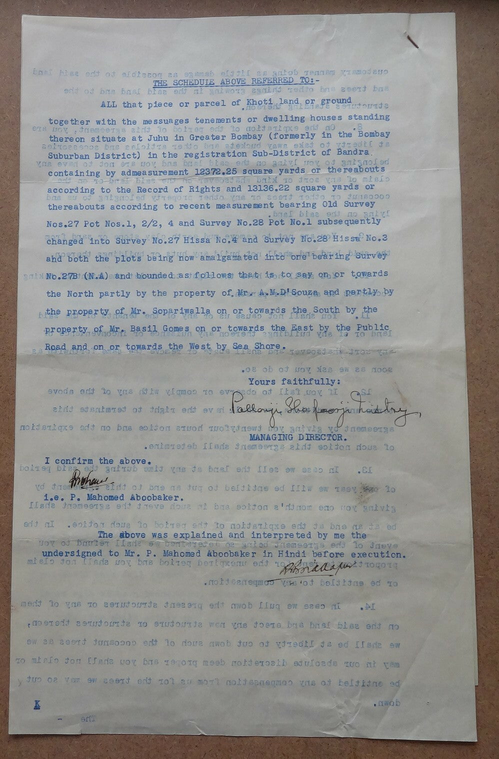 India 1956 Cocoanut Plucking Rights Agreement signed Pallonji Shapooji Mistry