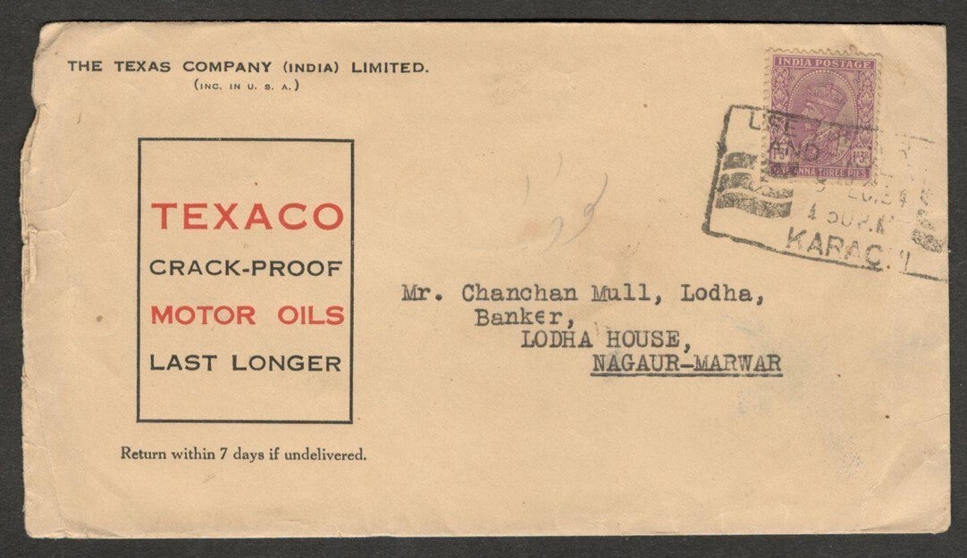(AOP) India 1934 KGV advertisement cover TEXACO MOTOR OILS (AUTOMOBILE)