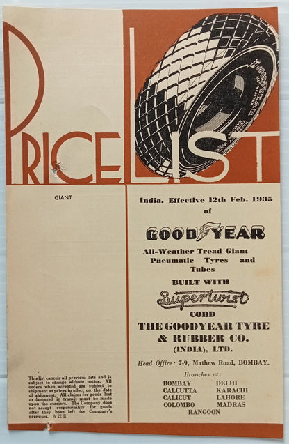 AOP india Feb 1935 GOODYEAR India Tyres Price List 