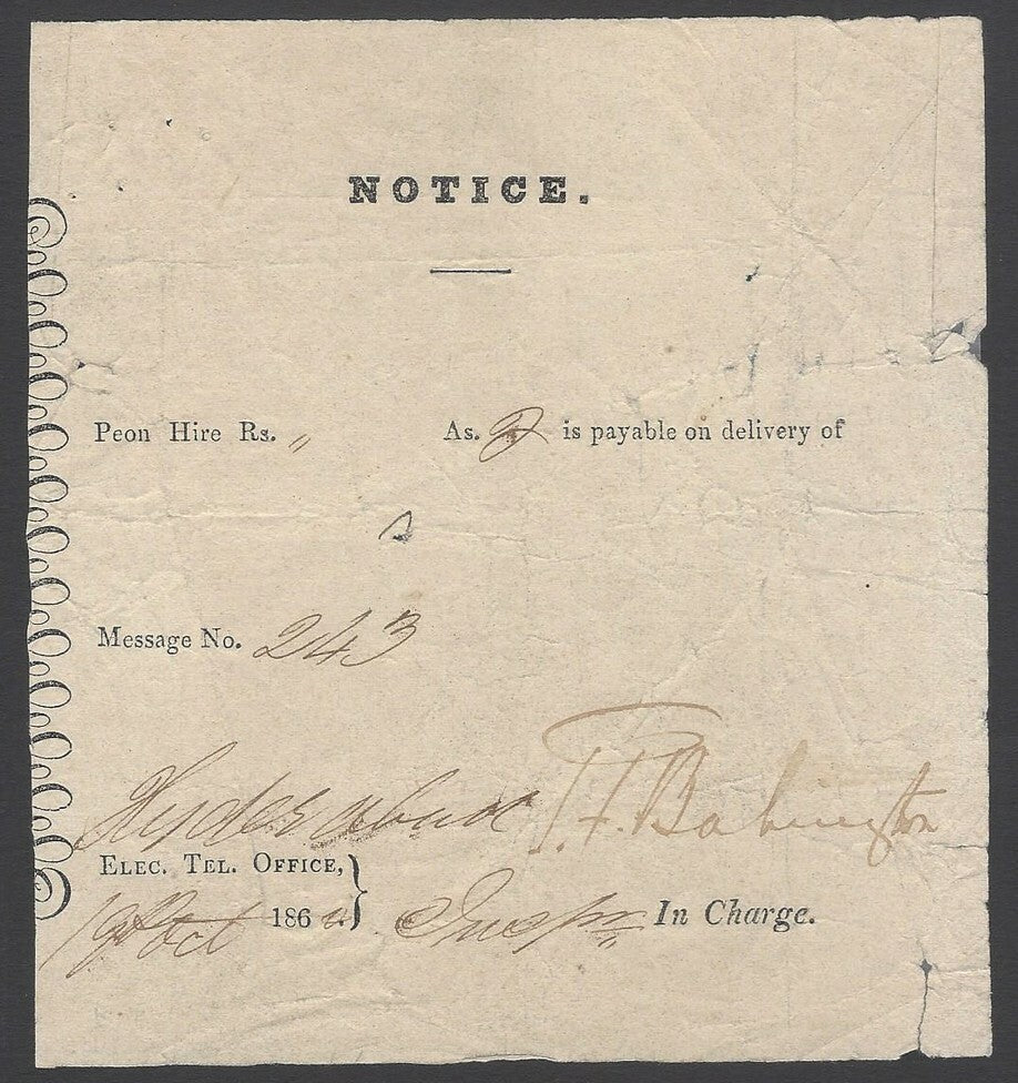 AOPIMT India 1860 Electric Telegraph Office receipt for Peon Hire charges