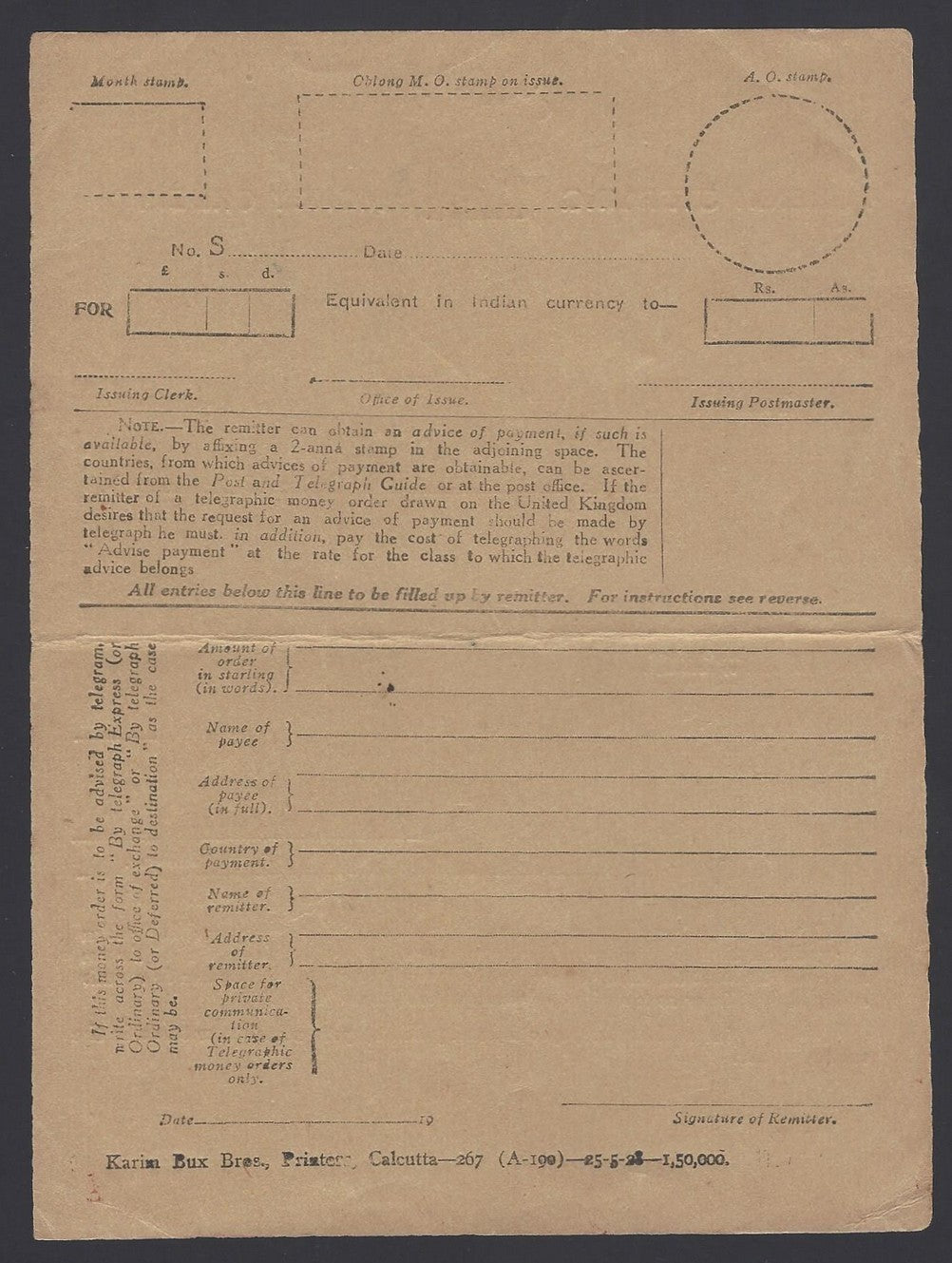 India 1928 Foreign Sterling Outward Money Order