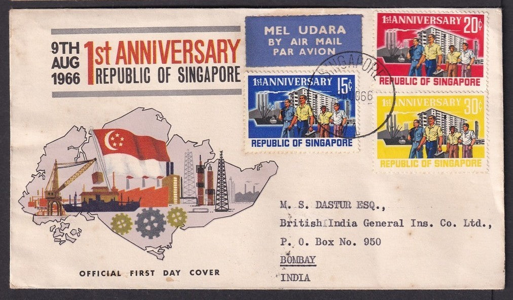 Singapore 1966 1st Anniversary of the Republic FDC to India