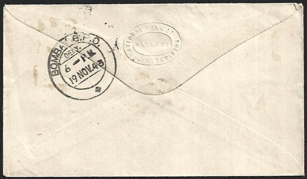 Kenya Uganda Tanganyika WW2 KGVI 1943 censored cover NAIROBI to India
