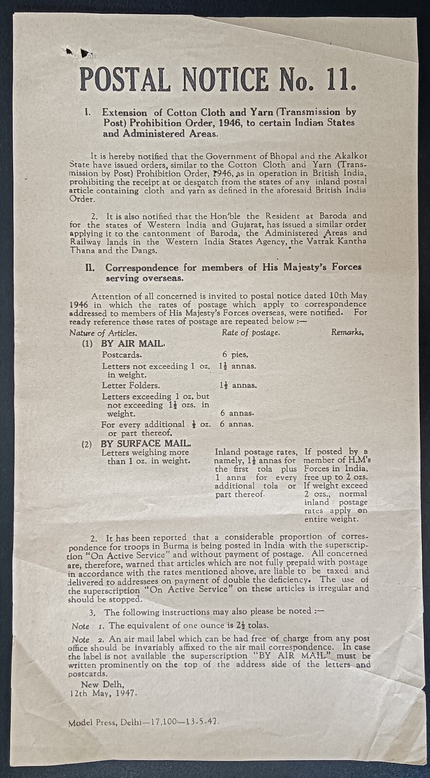 India POSTAL NOTICE No. 11 12 May 1947 Mails of HM Forces Serving Overseas