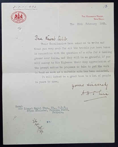 India 1935 crested letter MILITARY SECRETARY TO THE VICEROY re: Landing ground