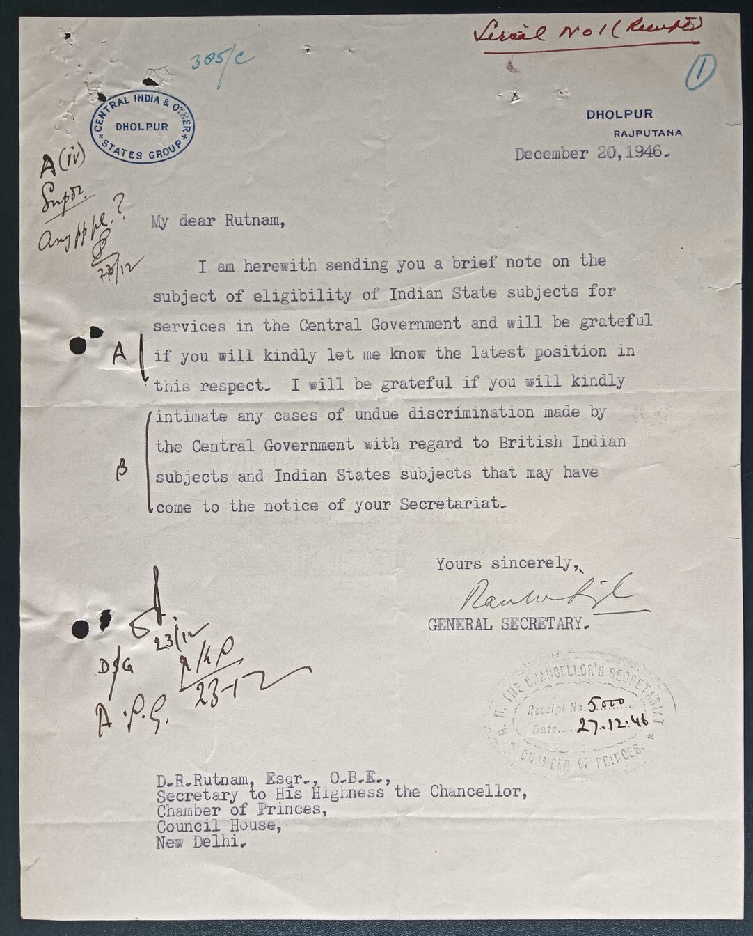 India 1946 crested letter CENTRAL INDIA & OTHER STATES GROUP / DHOLPUR