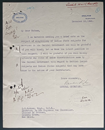 India 1946 crested letter CENTRAL INDIA & OTHER STATES GROUP / DHOLPUR