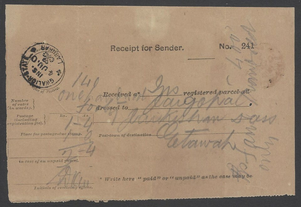 AOPIMT India Gwalior State 1901 registered parcel receipt