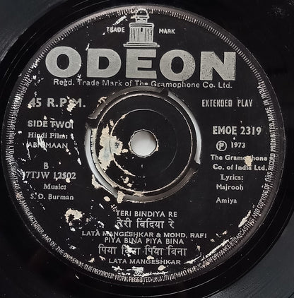 India Odeon 45rpm EP record - Hindi Film : Abhimaan 1973 Lata M & Mohd Rafi
