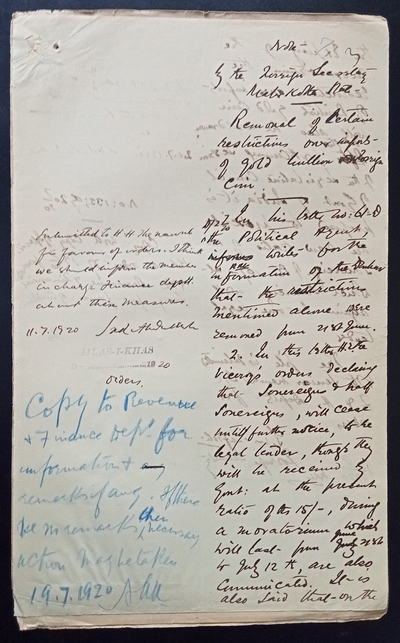 India 1915 documents about re-settings the valuations of Gold Coins, etc.