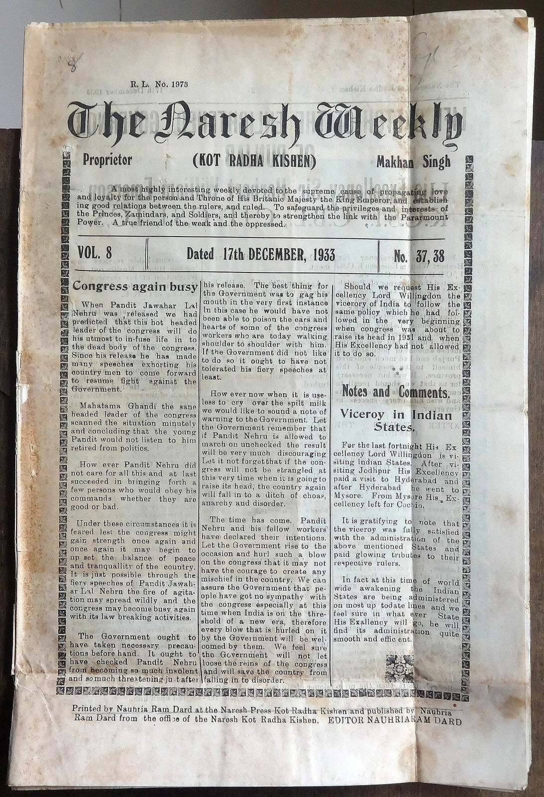 India 1933 weekly THE NARESH Dead Congress to resume law breaking activity Ӝ