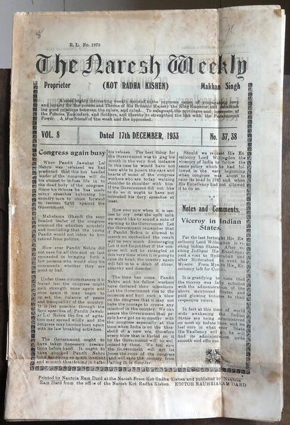 India 1933 weekly THE NARESH Dead Congress to resume law breaking activity Ӝ