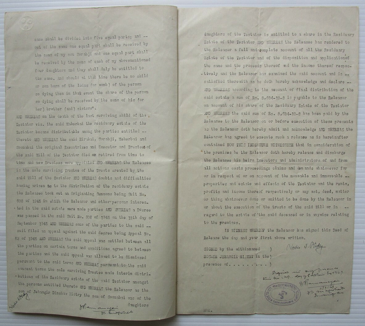 India 1949 Release document with Special Adhesive KGV 5R, 10R