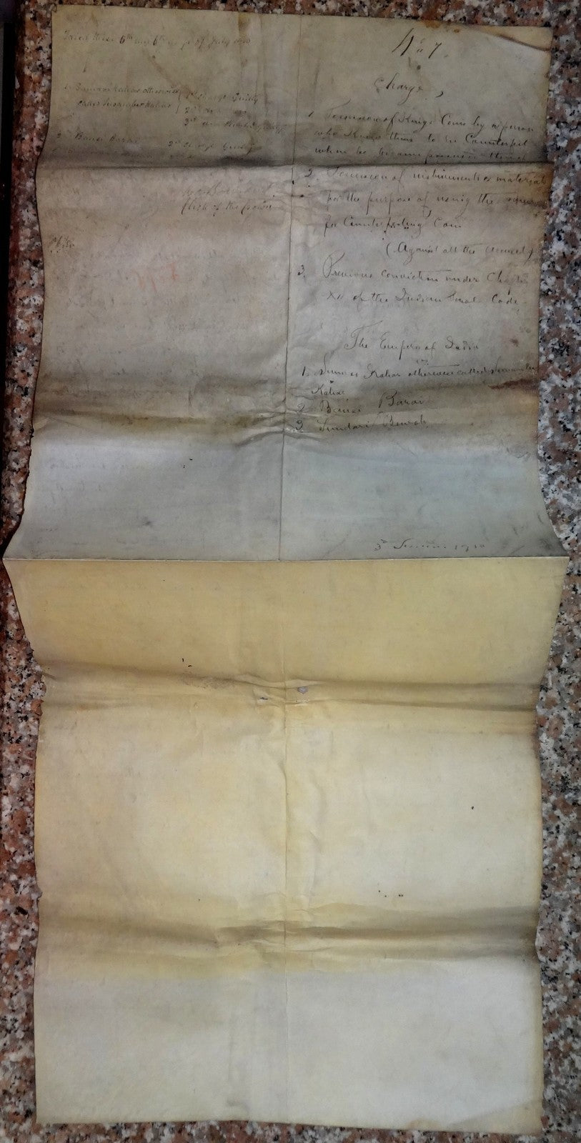 India 1910 parchment animal skin Court doc Charge of using forged King’s coins Ӝ