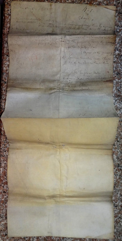 India 1910 parchment animal skin Court doc Charge of using forged King’s coins Ӝ